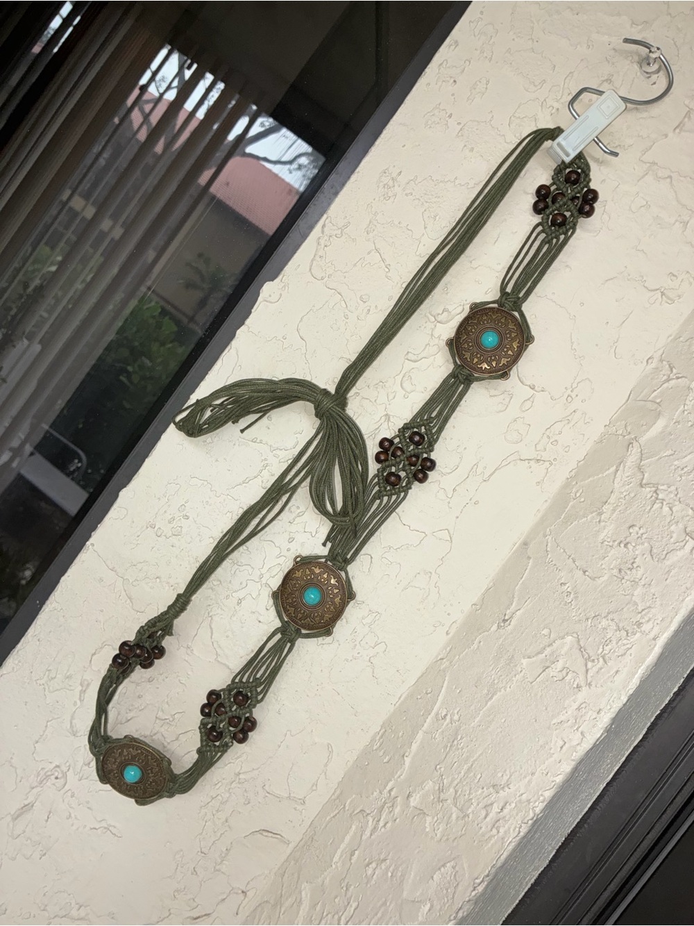 Unique Olive Cord Belt with Turquoise Medallions Bohemian